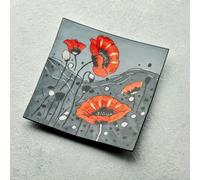 Sienna Glass Square Glass Plate - Wild Poppy Design (Handmade Decorative Tableware)