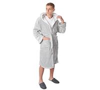 Sienna Long Dressing Gown with Hood for Men Fluffy Sherpa Lined Luxury Super Soft Flannel Fleece Comfy Hoodie Cosy Bathrobe - Silver