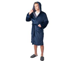 Sienna Long Dressing Gown with Hood for Men Fluffy Sherpa Lined Luxury Super Soft Flannel Fleece Comfy Hoodie Cosy Bathrobe - Navy Blue