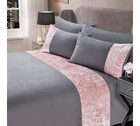 Sienna Superking Duvet Set, Super Soft Warm Luxurious Blush Pink Crushed Velvet Band Design Superking Bedding Stylish Silver Grey Quilt Cover Set with Pillowcases