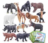 SIENON 12pcs Safari Animals Figure Toys with Flash Cards, Realistic 3.5” Plastic Wild Zoo Jungle Figurines with Elephant Lion Giraffe Bear Gorilla for Kids Educational Playset Party Favors