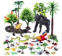 SIENON 39Pcs Rainforest Animal Figures Toys, Wild Creatures Model with Gorilla Parrot Crocodile Capybara Anaconda Snake Insects Trees Playset for Kids Diorama Project Birthday Cake Toppers Party Décor