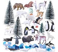 SIENON 60Pcs Arctic Animal Toy Set Includes 23Pcs Mini Polar Animals with Polar Bear, Penguin, Caribou, Puffin, Lynx, 1pc Igloo, 4Pcs Pine Trees, 32Pcs Fake Ice Rocks for School Project Cake Toppers