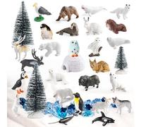 SIENON 60Pcs Arctic Animal Toy Set Includes 27Pcs Mini Polar Animal Figurine with Polar Bear, Penguin, Caribou, Snowy Owl, 3Pcs Model Pine Trees, 30Pcs Fake Ice Rocks for School Project Cake Topper