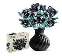 SIENON 644Pcs Black Rose Flower Building Set, 12Pack Floral and Leaves Botanical Collection, Artificial Bouquet Blocks Kit for Gothic Home Decorations Gothy Gift Adult Teens (No Vase)