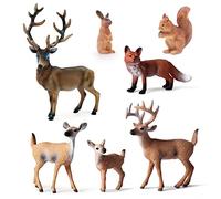 SIENON 7Pcs Forest Animals Figures Toys, Miniature Woodland Creature Figurines with Deer Family, Elk, Fox, Rabbit, Squirrel for Kids Educational Birthday Christmas Cake Decoration Party Favors
