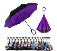 SIEPASA 49/56 Inch Inverted Reverse Upside Down Umbrella, Extra Large Double Canopy Vented Windproof Waterproof Stick Golf Umbrellas with C-shape Handle.(Purple, 56 Inch)