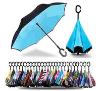 SIEPASA 49/56 Inch Inverted Reverse Upside Down Umbrella, Extra Large Double Canopy Vented Windproof Waterproof Stick Golf Umbrellas with C-shape Handle.(Blue, 56 Inch)
