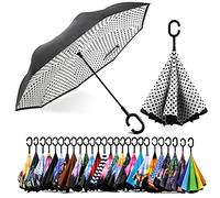 SIEPASA Inverted Reverse Upside Down Umbrella with C-Shaped Handle, Anti-UV Waterproof Windproof Rain Umbrella for Women and Men.(White Dots)