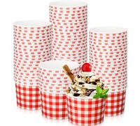 Sieral 100 Pack 9 oz Gingham Ice Cream Paper Cups Bowls Disposable Picnic Dessert Buffalo Plaid Snack Checkered Paper Bowl Bulk Hot Cold Food Kitchen Party Favors (Red)