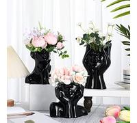 Sieral 3 Pcs Ceramic Face Vase Female Form Flower Modern Body Vase for Decor with Head Half Body Bust Centerpiece for Table Shelf Home Bedroom Room Office(Small,Black)