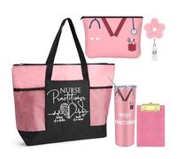 Sieral 5 Pcs Nurse Practitioner Appreciation Gifts 20 Oz Nurse Practitioner Tumbler Nursing Tote Bag Flower Badge Reel NP Makeup Bag Clipboard NP Gifts for Women Students(Pink)
