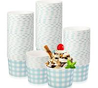 Sieral 50 Pack 9 oz Gingham Ice Cream Paper Cups Bowls Disposable Picnic Dessert Buffalo Plaid Snack Checkered Paper Bowl Bulk Hot Cold Food Kitchen Party Favors (Light Blue)
