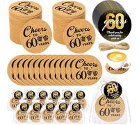 Sieral 50 Sets 60th Birthday Party Favors for Guests Cheers to 60 Years Anniversary Cork Coasters with Cards Twine and Organza Gift Bags Sixty Years Party Favor Decoration Supplies