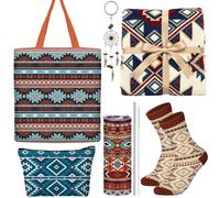 Sieral 6 Pcs Native American Gifts for Christmas Anniversary Housewarming | Western, 20 oz Stainless Steel Tumbler, Aztec Throw Blanket, Retro Boho Canvas Bag Makeup Bag, Dreamcatcher Keychain, Socks