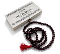 Siesta Fair Trade Mallah Mala Beads Necklace | 108 Authentic Uttis Wood Beads | Traditional Buddhist Rosary with Red Tassel | Handmade Lokta Paper Gift Box with Coconut Shell Clasp | Made in Nepal