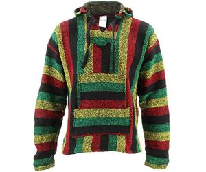 Siesta Mexican Baja Jerga hooded hippie jumper - Rasta, Multi-coloured, L