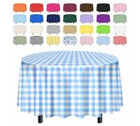 SietDESEO 2 Pack Light Blue Gingham Tablecloth Round 84 x 84 Blue and White Checkered Table Cloth Disposable Plaid Table Cover for Camping Picnic Wedding Party Supplies Circle Plastic Tablecloth