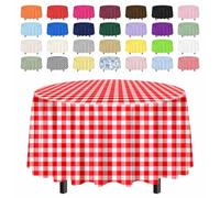 SietDESEO 2 Pack Red Gingham Tablecloth Round 84 x 84 Red and White Checkered Table Cloth Disposable Plaid Table Cover for Camping Picnic Wedding Party Supplies Circle Plastic Tablecloth
