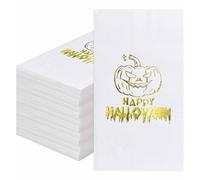 SietDESEO 50 PCS 3-ply Halloween Dinner Napkins White and Gold Foil Pumpkin Guest Bathroom Napkins 13 x 15.7 Inch Disposable Hand Towels for Halloween Party Supplies Paper Napkin Decorative
