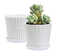 sietpoek Plant Pots - 6.7 Inch Cylinder Ceramic Planters with Connected Saucer, Pots for Succuelnt and Little Snake Plants, Set of 2, White