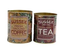 Sifcon International plc Set of 2 x Retro Vintage Style TEA/COFFEE Advertising Kitchen Storage Tins - Mustard/Green/Dark Red - 13/11 cm