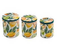 Sifcon International PLC Set of 3 Round Nesting Kitchen Storage Tin/Caddy/Canister/Containers for Tea, Coffee, Sugar - Citrus Burst Design - Yellow, Orange, Green - Largest - 16 cm