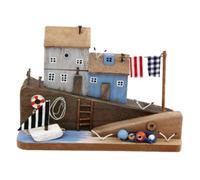 Sifcon International PLC Shabby Chic Wooden Coastal Decoration - Seaside Harbour Houses Ornament/Decoration on Plinth - Natural, Grey, Blue - 20 cm