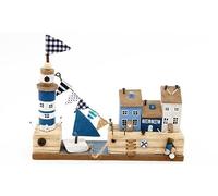 Sifcon International plc Shabby Chic Wooden Coastal Decoration - Seaside Houses/Harbour Lighthouse Ornament/Decoration on Plinth - Natural, Navy, Blue, White - 23 cm