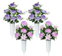 SIFOEL Artificial Cemetery Flowers, Artificial Grave Memorial Flowers with Vase for Cemetery Graveyard Decoration, Set of 4