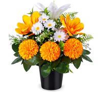 SIFOEL Artificial Cemetery Flowers in Pots, Artificial Chrysanthemums Lily Daisy with Pot, Memorial Grave Flowers for Cemetery Funeral Outdoor Graveside Decoration (1piece, White&Orange)