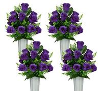 SIFOEL Artificial Cemetery Flowers with Vase, Artificial Rose Bouquet Grave Memorial Flowers for Cemetery Headstones Decoration (Purple-4Pcs)