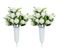SIFOEL Artificial Cemetery Flowers with Vase, Artificial Rose Bouquet Grave Memorial Flowers for Cemetery Headstones Decoration (White-2Pcs)