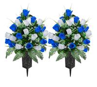 SIFOEL Set of 2 Artificial Grave Memorial Flowers Cemetery Flowers Rose Bouquet with Vase for Cemetery Graveyard Headstones Decoration (Blue&White-24H)