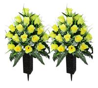 SIFOEL Set of 2 Artificial Grave Memorial Flowers Cemetery Flowers Rose Bouquet with Vase for Cemetery Graveyard Headstones Decoration (Yellow)