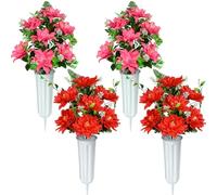 SIFOEL Set of 4 Artificial Cemetery Flowers, Artificial Grave Memorial Flowers with Vase for Graveyard, Headstone Decoration