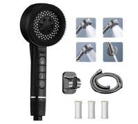 SIGANDG High Pressure Shower Heads Hard Water Filter Shower Head 4-Setting Shower Head with 1.5m Shower Hose and Shower Stand Massage Water Saving Large Shower（Black）