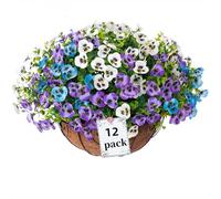 Siganorpy 12 Bundles Artificial Flowers Outdoors Pansy Plants Fake Flowers Decor Eucalyptus Artificial Grass Shrubs Bushes UV Resistant Plastic Flowers Fern for Garden Porch Home (Blue+White+Purple)