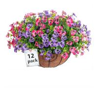 Siganorpy 12 Bundles Artificial Flowers Outdoors Pansy Plants Fake Flowers Decor Eucalyptus Artificial Grass Shrubs Bushes UV Resistant Plastic Flowers Fern for Garden Porch Home (Pink+Purple)
