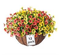 Siganorpy 12 Bundles Artificial Flowers Outdoors Pansy Plants Fake Flowers Decor Eucalyptus Artificial Grass Shrubs Bushes UV Resistant Plastic Flowers Fern for Garden Porch Home (Red+Yellow)