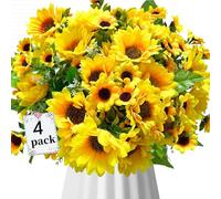 Siganorpy 4 Pack Artificial Sunflowers Bouquets with Stems for Wedding Bridal Shower Table Birthday Indoor Outdoor, Fake Faux Sunflowers Bulk with 4 Big Sunflowers Heads 9 Small Heads (Yellow)