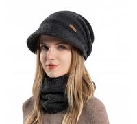 Siganorpy Women Winter Knitted Beanie Hat Stretchy Slouchy Cap with Visor Warm Fleece Lined Skull Cap for Cold Weather Brim Fleece Liner 55-60 cm (Black Set)