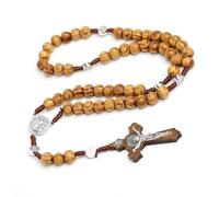 Siganorpy Wood Rosary Necklace Wooden Smooth Beads Catholic Cross Necklace Religious Jewelry Catholic Jesus Cross Pendant Necklace for Men (Brown)