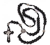 Siganorpy Wood Rosary Necklace Wooden Smooth Beads Catholic Cross Necklace Religious Jewelry Catholic Jesus Cross Pendant Necklace for Men (Black)