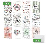 SIGEL DS704 Set of 24 "Happy Birthday" Birthday Cards, 2-fold, A6, made of White cardBoard, with inscription + 24 envelopes