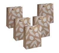 Sigel GT120/5 Large Premium Paper Gift Bags, Set of 5, Brown/White, with Silk Ribbon Handles, 26 x 33 x 12 cm, Pine Cones and Pine Branches, Paper Gift Bags Christmas
