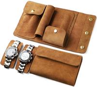 Sight Focus 2 Slots Portable Travel Watch Box Cow Suede Leather Double Watch Case Pouch Watch Holder Organizer Storage Jewelry Wristwatch Roll Secure Storage Durable Easy Carry On Brown