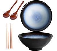 Sightday Noodle Bowl Set of 2 - 1200ml Ceramic Bowl for Pasta, Snack, Soup, Salad, Cereal - Black (Includes Ramen Spoons & Chopsticks)