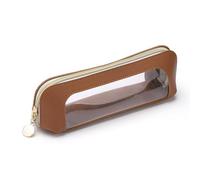Sightor Clear Makeup Bag, PU Leather Makeup Brush Case Small Makeup Bag for Purse Travel Portable Waterproof Cosmetic Organizer Pouch (Brown)