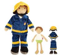 SIGIKID 42859 Learning Doll Fireman Plush Dressing Doll Clothes Buttons Velcro Zip Fastener Play Learn Cuddle for Children from 12 Months Multicoloured Fireman 45 cm